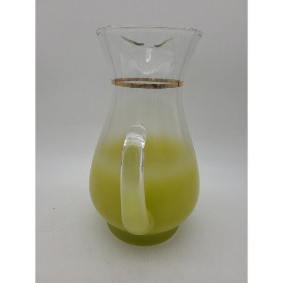 Pitcher Blendo Vintage Retro Frosted Yellow Green Glass Gold Trim MCM - Picture 9 of 10